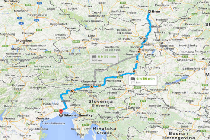 Mapa cesty autem z Brna do Bibione